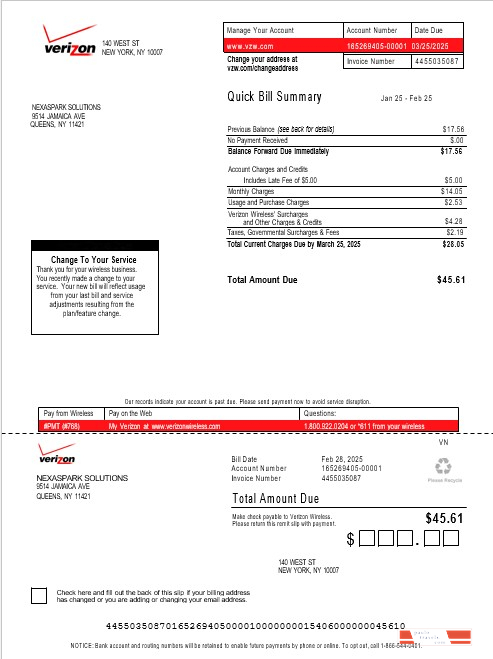 USA Verizon business utility bill Word and PDF template, version 3 PSD template